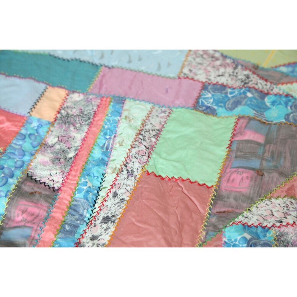 Vintage Crazy Quilt 86" x 69 Heavily Embroidered Pastel Colors Old Hand Tied - Picture 13 of 16